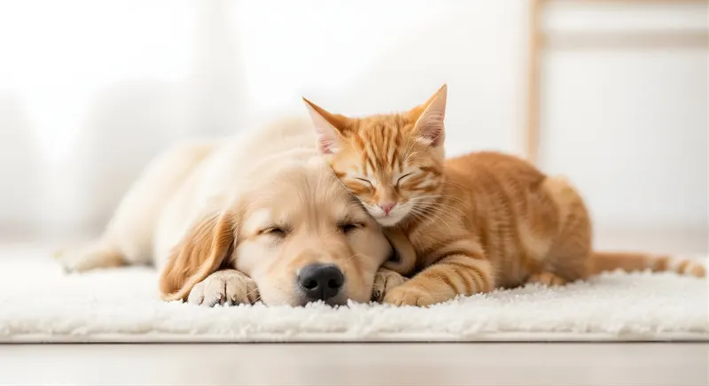 A dog and a cat asleep together