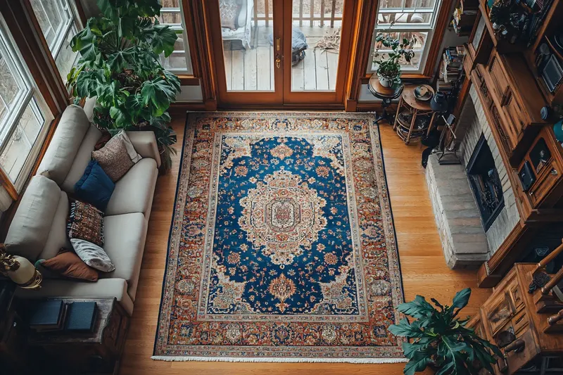 Looking down on a blue patterned rug between a sofa and a fireplace