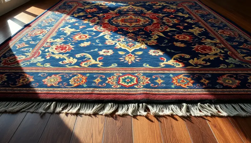 A red and blue patterned area rug in bright sunlight