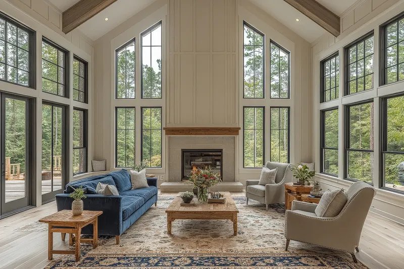 A great room with tall windows and an area rug