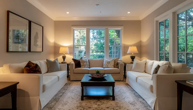 A living room with cream sofas arranged around a dark coffee table