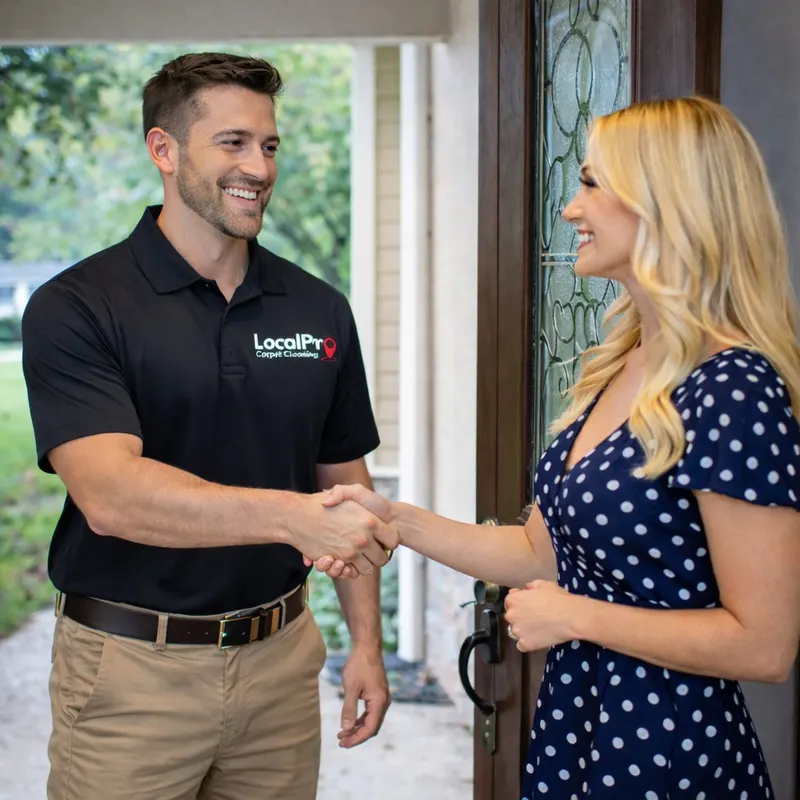 A carpet cleaning technician greeting a homeowner at the front door
